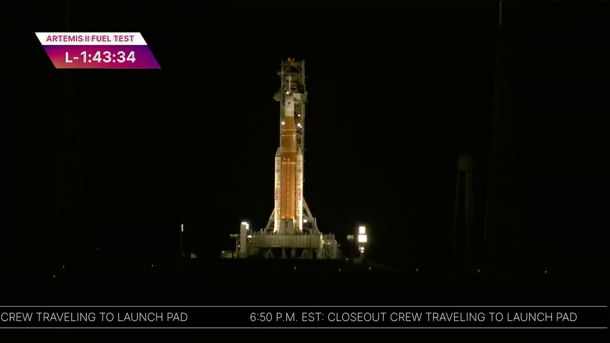 NASA's Artemis 2 moon rocket on the pad at Kennedy Space Center during its fueling test on Feb. 2, 2026.