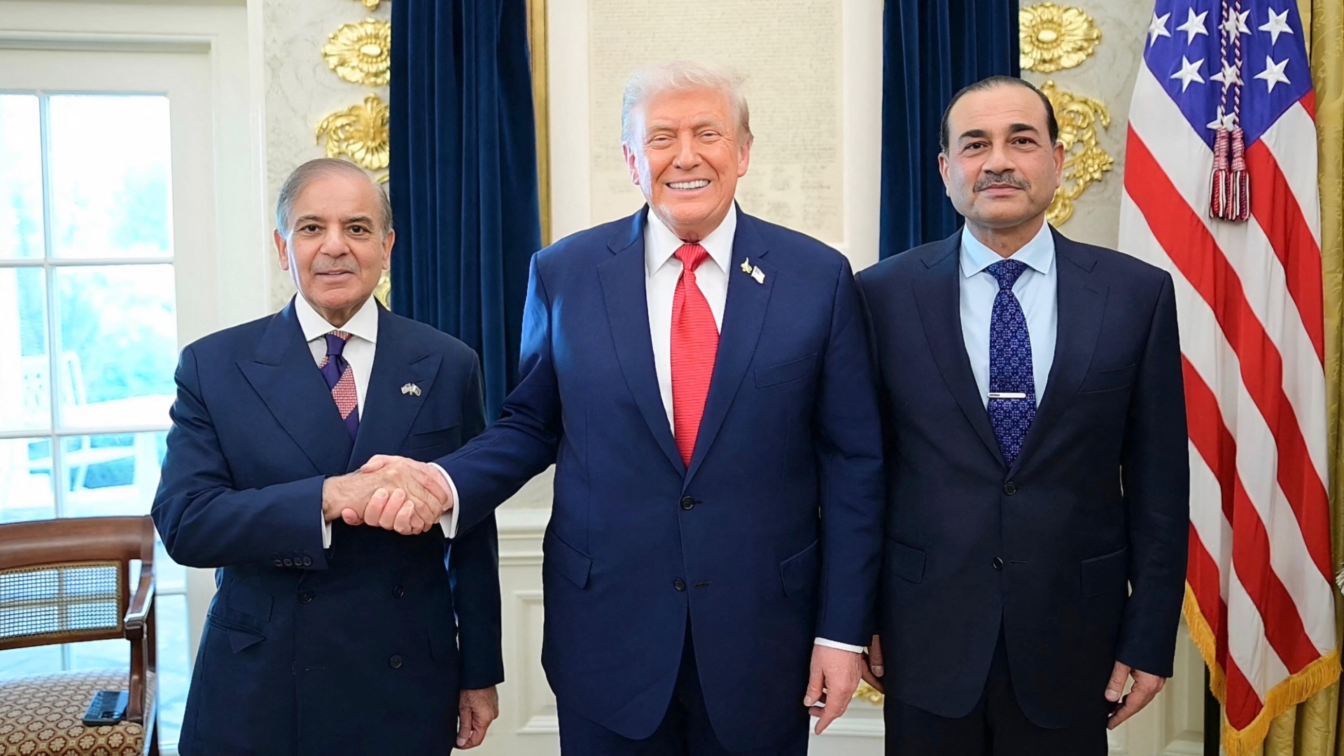 Pakistan's Prime Minister Shehbaz Sharif, Field Marshal Syed Asim Munir, and US President Donald Trump at the Oval Office on 26 September 2025 