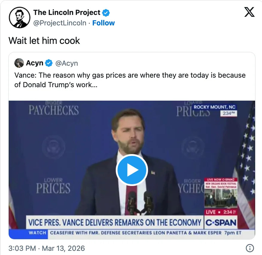 Screenshot of a tweet showing a man speaking at a podium. The tweet claims gas prices are linked to Donald Trump's work