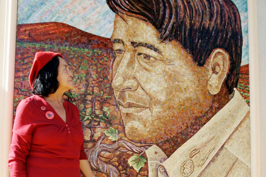 United Farm Workers cofounder Dolores Huerta looks at a mural of the late Cesar Chavez during a dedication of the Cesar Chavez Monument on the San Jose State University campus in San Jose, California, in 2008.