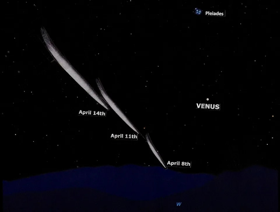 night sky image showing where the comet  might be visible in the night sky through April.