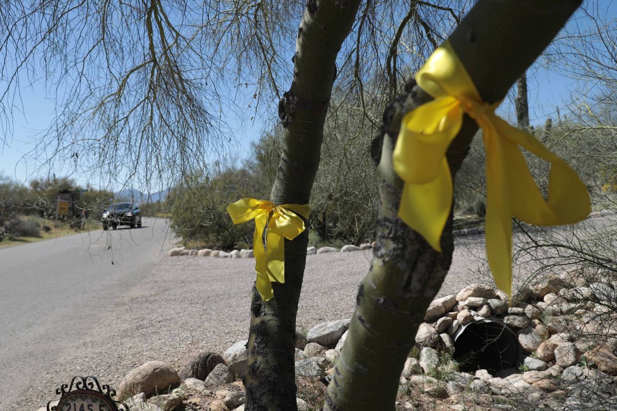 A tree on the side of a road is adorned with yellow ribbons, possibly as a symbol of remembrance or awareness. The ribbons are tied around the trunk, with some partially visible branches extending towards the left. The surrounding environment includes a road with sparse traffic and a backdrop of a clear blue sky, accompanied by rocky terrain.