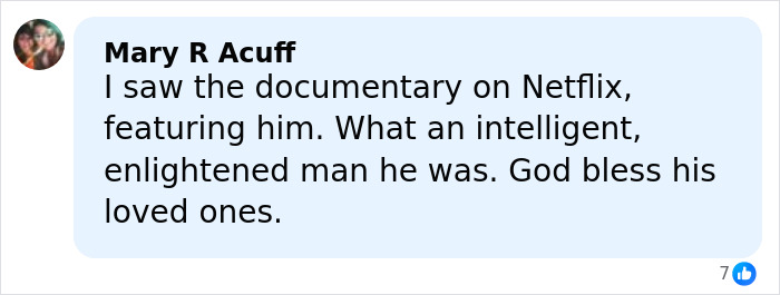 Comment from Mary R Acuff expressing admiration for a Netflix documentary and offering condolences after Eric Dane’s cause of passing revealed.