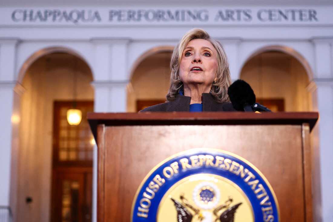 Former Secretary of State Hillary Clinton speaks to the press after her a deposition with the House Oversight Committee in Chappaqua, New York, on February 26, 2026.