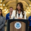 U.S. Secretary of Homeland Security Kristi Noem speaks at Ronald Reagan Washington National Airport on July 8 in Arlington, Va. Multiple airports are refusing to play a video where Noem blames Democrats for the government shutdown.