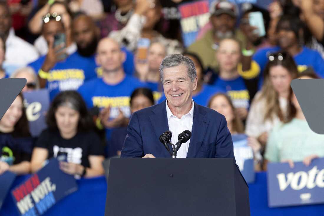 North Carolina Governor Roy Cooper speaks during a Get Out the Vote rally in Raleigh, N.C., on October 30, 2024.