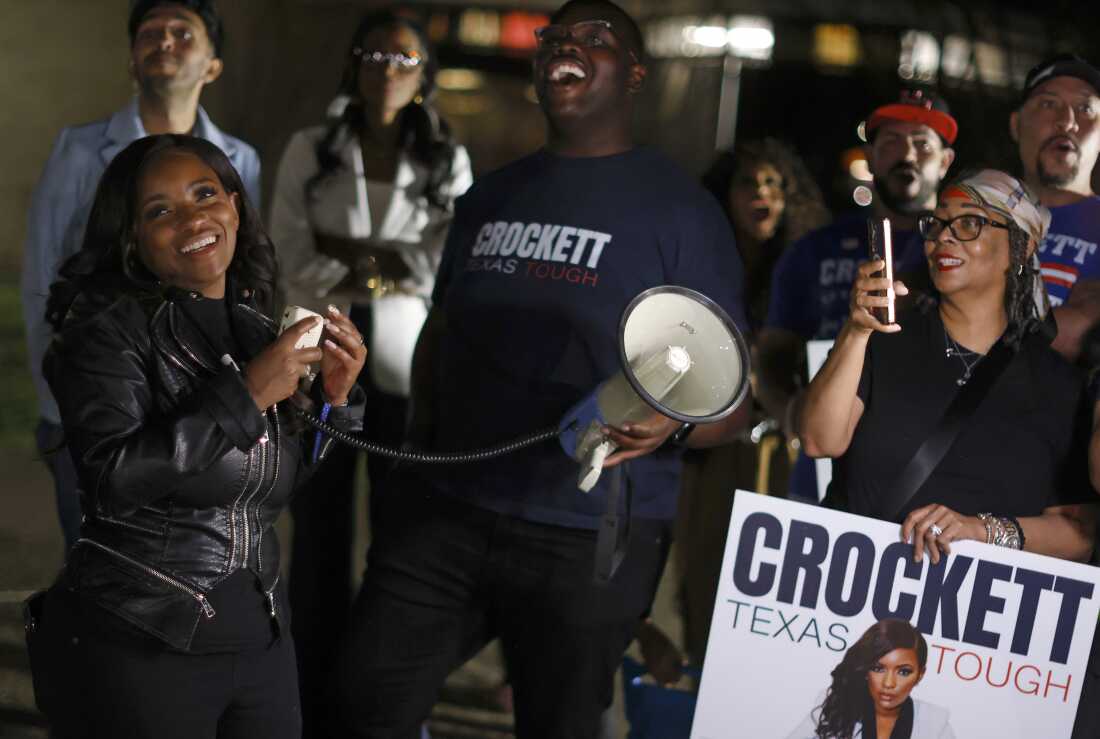 Democratic Rep. Jasmine Crockett reacts to supporters outside a polling station on February 27, 2026 in Dallas, Texas