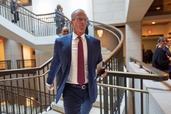 Senate Majority Leader John Thune, R-S.D., arrives for a briefing for Senators on Iran at a secure room in the basement of the Capitol in Washington, Tuesday, March 3, 2026. (AP Photo/J. Scott Applewhite)