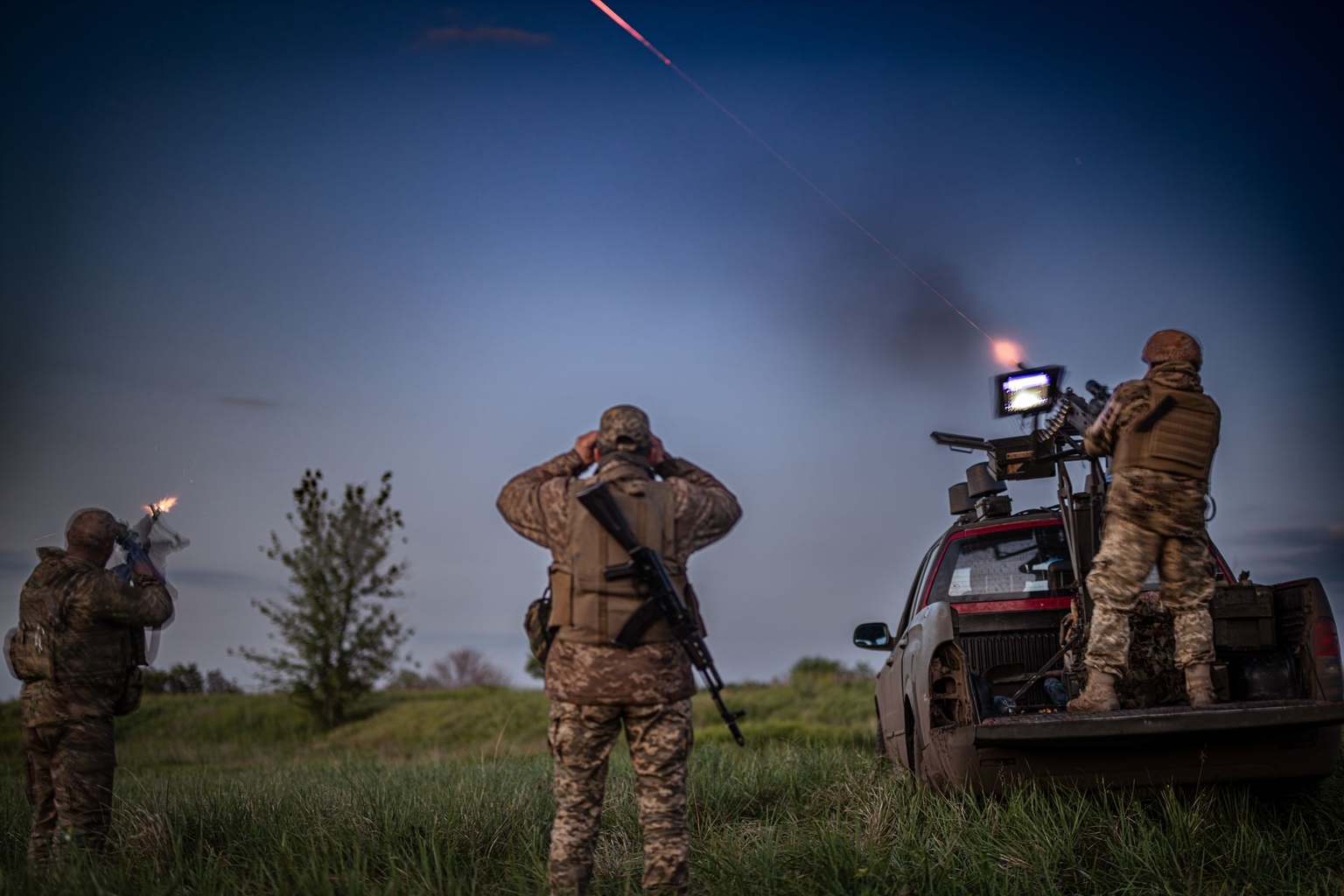 Ukrainian servicemen from a mobile fire group in Donetsk Oblast, Ukraine, on May 21, 2025