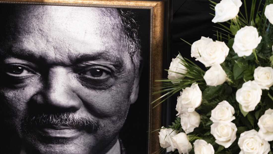 A portrait of Rev. Jesse Jackson sits next to flowers as his body lies in state at the South Carolina Statehouse on March 2 in Columbia, South Carolina. 