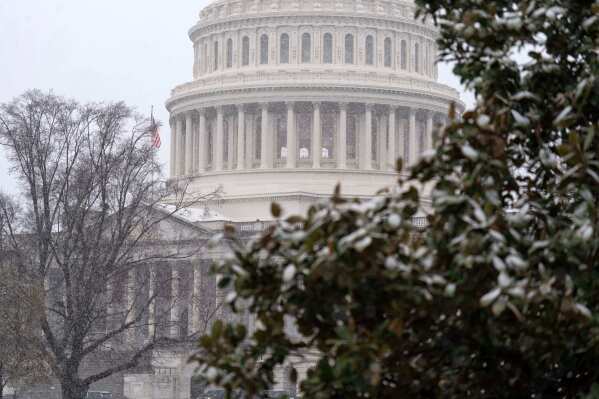 The U.S. Capitol is seen during a snowy day on Capitol Hill Thursday, March 12, 2026, in Washington. (AP Photo/Jose Luis Magana)
