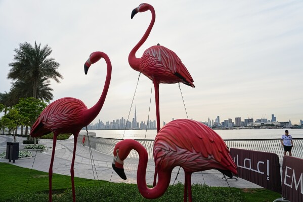 A man stands beside a flamingo sculpture, as the city skyline with Burj Khalifa is seen in the background at Dubai Creek Harbour in Dubai, United Arab Emirates, Wednesday, March 11, 2026. (AP Photo/Fatima Shbair)