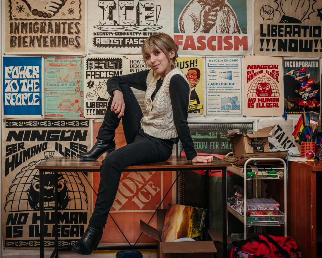 Kat Abughazaleh, a 26 year old former journalist and content creator running in the Democratic primary for Illinois’ 9th Congressional District, sits for a portrait inside her campaign office ahead of the March 17, 2026 primary election on February 26, 2026, in Chicago, Illinois. Abughazaleh is one of 15 Democrats seeking the nomination to succeed longtime U.S. Rep. Jan Schakowsky, who is retiring. Her campaign has raised significant funds and drawn attention for her social media presence and positions on issues including immigration enforcement and corporate influence in politics. Jamie Kelter Davis for NPR