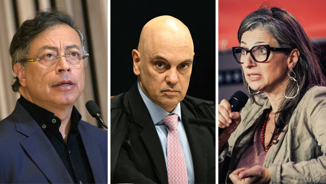 Colombian President Gustavo Petro (left), Brazil's federal Supreme Court minister Alexandre de Moraes and Francesca Albanese, United Nations special rapporteur on the situation of human rights in the Palestinian territories, all speak into microphones. 