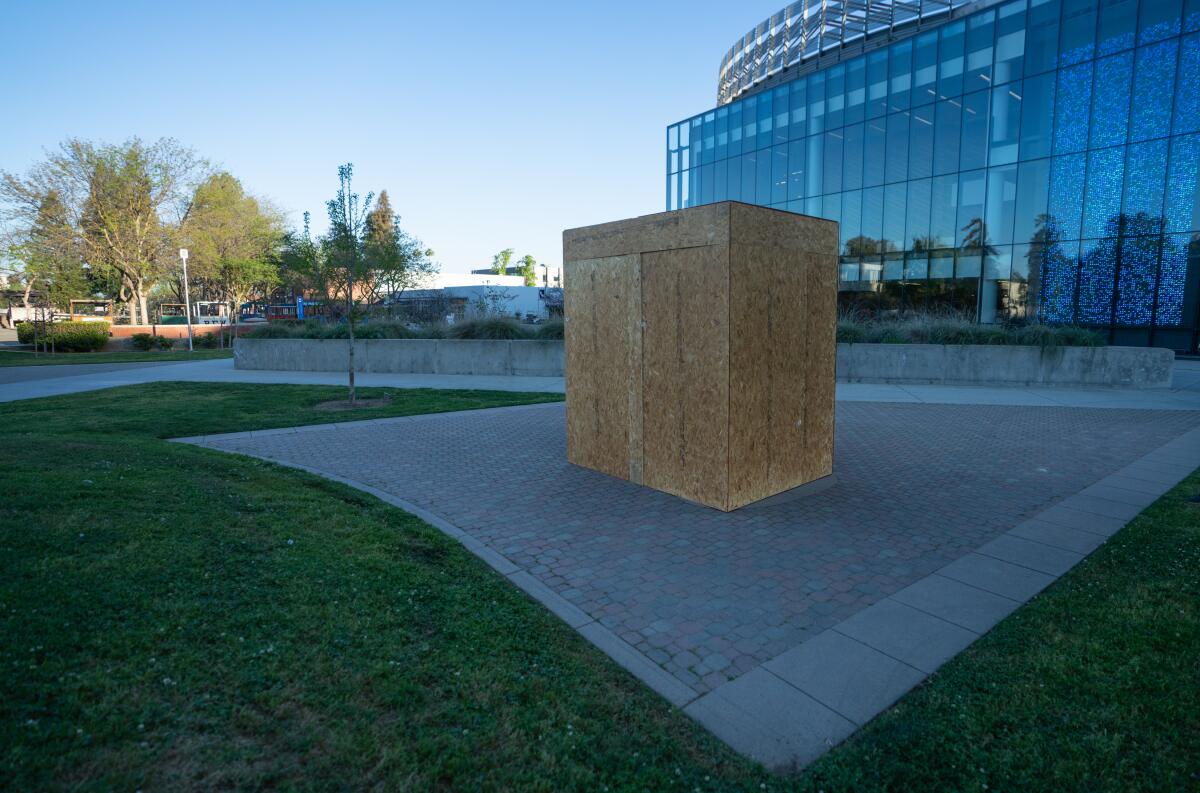 A plywood box on the campus of Fresno State University