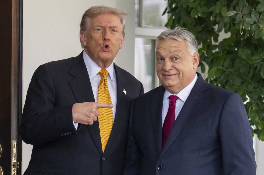 President Trump greets Victor Orbán as the Hungarian prime minister arrives at the White House on Nov. 7, 2025. Trump has praised Orbán as a "strongman."
