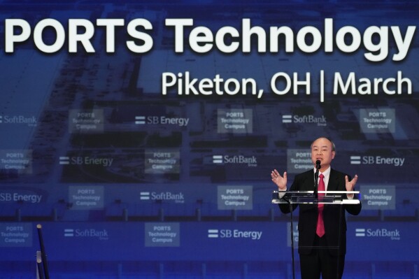 Masayoshi Son, Chairman and CEO of SoftBank Group Corp., speaks during an announcement for a new data center Friday, March 20, 2026, in Piketon, Ohio. (AP Photo/Joshua A. Bickel)