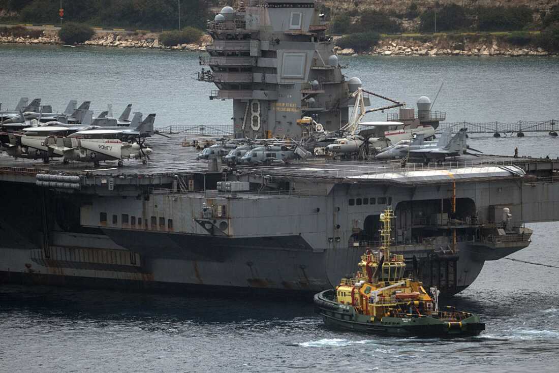 The U.S. Navy aircraft carrier USS Gerald R. Ford arrives in Souda Bay in Greece on Monday.