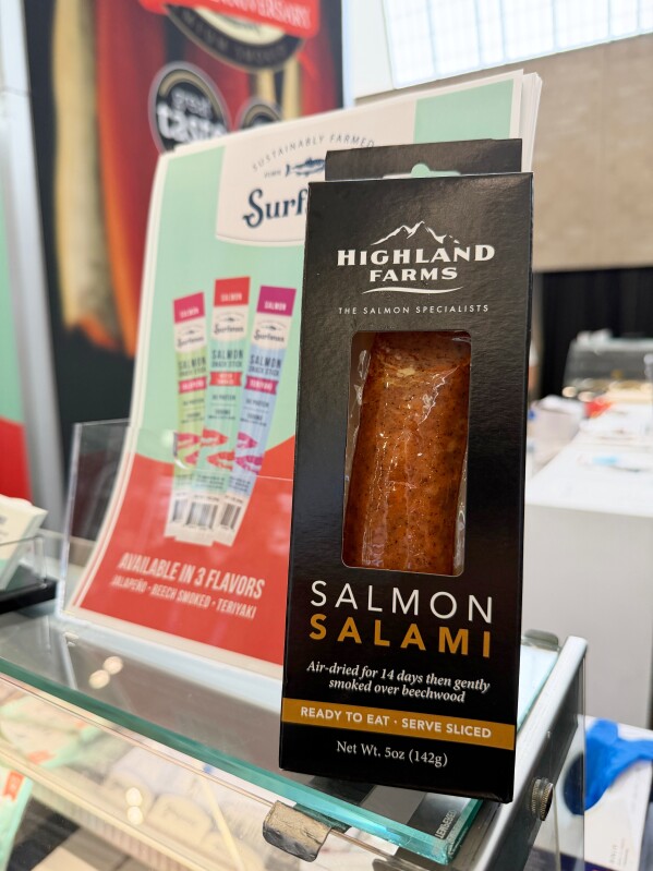 A package of salmon salami is displayed at the Seafood Expo North America in Boston on March 17, 2026. (J. M. Hirsch via AP)