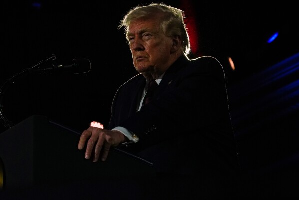 President Donald Trump speaks at the National Republican Congressional Committee's (NRCC) annual fundraising dinner, Wednesday, March 25, 2026, at Union Station in Washington. (AP Photo/Julia Demaree Nikhinson)