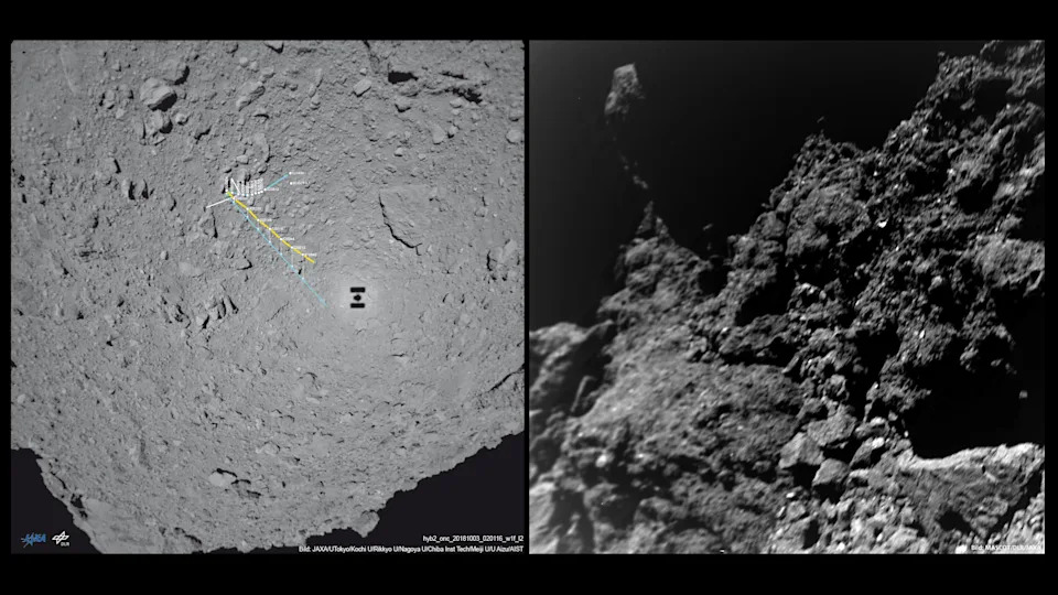 Two photos of asteroid Ryugu; one taken above the asteroid before Hayabusa2 landed, and one taken on its surface at the Hayabusa2 landing site. 