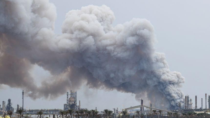 Smoke rises following a strike on the Bapco Oil Refinery, amid the US-Israeli conflict with Iran, on Sitra Island Bahrain, March 9, 2026.