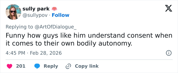 Tweet by sully park discussing consent and bodily autonomy, highlighting themes related to Shia LaBeouf Mardi Gras arrest and mental health.