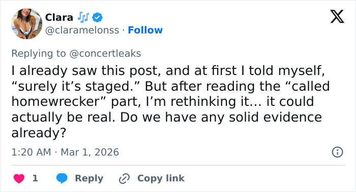 Tweet screenshot showing a user discussing the possibility of a staged incident involving a singer pushed off stage at the Brit Awards. Tweet screenshot showing a user discussing the possibility of a staged incident involving a singer pushed off stage at the Brit Awards.