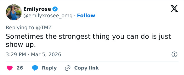 Tweet by Emilyrose emphasizing strength in showing up amid behind-the-scenes toxic drama involving Savannah Guthrie’s Today Show return.