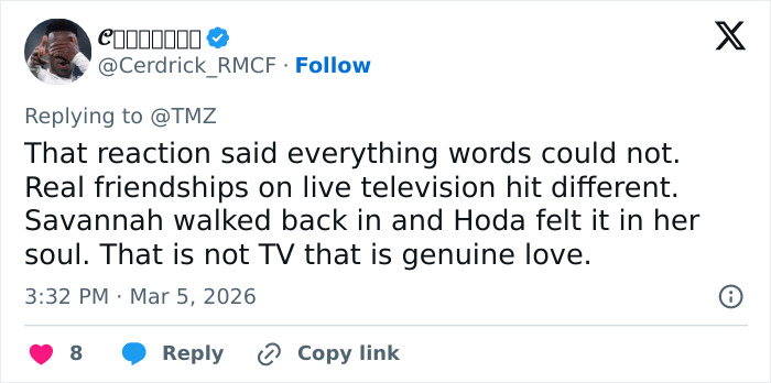 Tweet discussing behind-the-scenes toxic drama as Savannah Guthrie returns tearfully to the Today Show, showing genuine emotions.