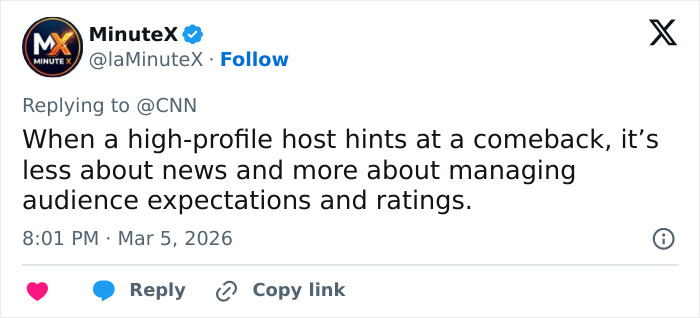 Tweet from MinuteX discussing behind-the-scenes toxic drama related to Savannah Guthrie’s tearful Today Show return.