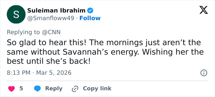 Tweet expressing support for Savannah Guthrie’s return to the Today Show amid behind-the-scenes toxic drama.