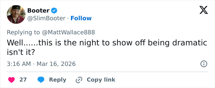 Tweet by user Booter replying to @MattWallace888, discussing the viral Oscars moment involving Teyana Taylor and security.