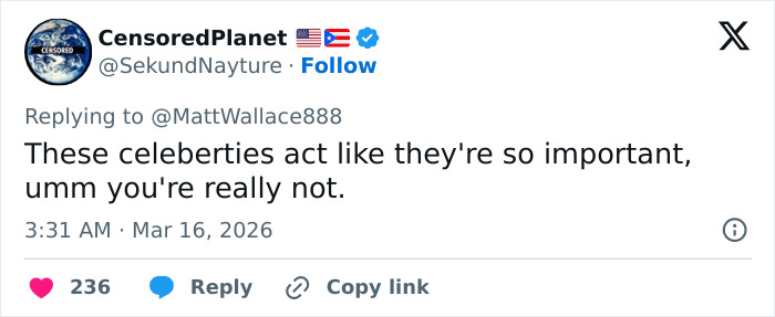 Tweet from CensoredPlanet criticizing celebrity behavior, related to viral Oscars moment with Teyana Taylor and security guard.