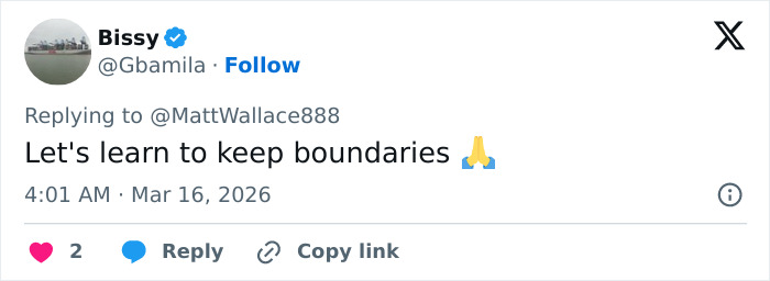 Tweet from user Bissy replying about learning to keep boundaries, related to viral Oscars moment involving Teyana Taylor and security guard.