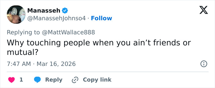 Screenshot of a Twitter reply questioning touching people, relating to the viral Oscars moment with Teyana Taylor and security guard.