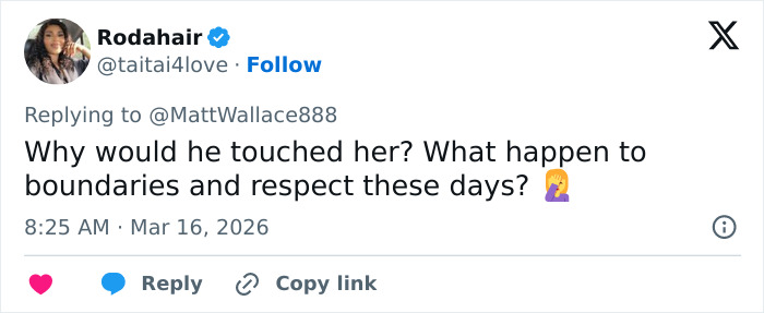 Tweet from user Rodahair questioning boundaries and respect related to viral Oscars moment with Teyana Taylor and security guard.