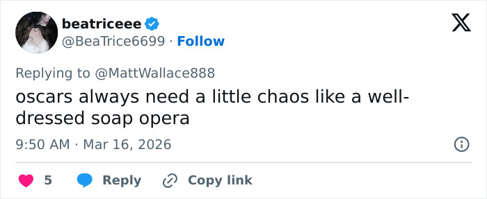 Tweet about the Oscars mentioning chaos, related to viral moment with Teyana Taylor and security guard.
