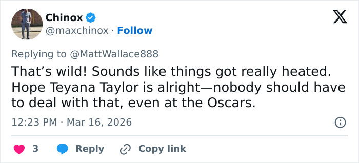 Tweet discussing viral Oscars moment involving Teyana Taylor and security guard, highlighting witness account of the incident.