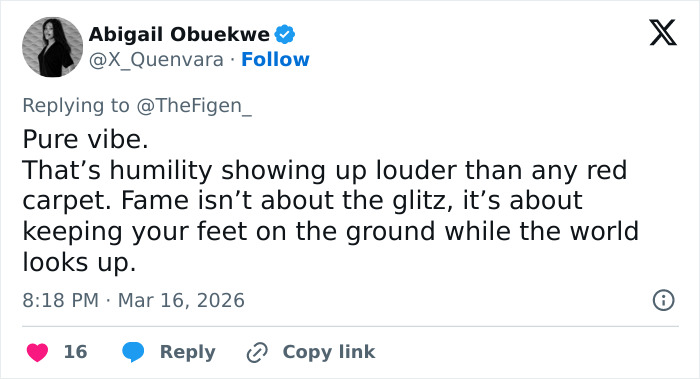 Tweet by Abigail Obuekwe about humility and fame, discussing Michael B. Jordan’s actions after the Oscars raising eyebrows.
