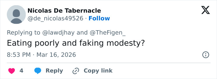 Twitter post by Nicolas De Tabernacle questioning eating habits and modesty, related to Michael B. Jordan after the Oscars.