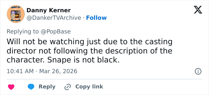 Screenshot of a tweet expressing anger over HBO’s Harry Potter series casting and character race change controversy.