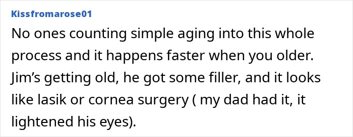Screenshot of a comment discussing Jim Carrey’s new face, aging, filler, and possible eye-related surgery details.