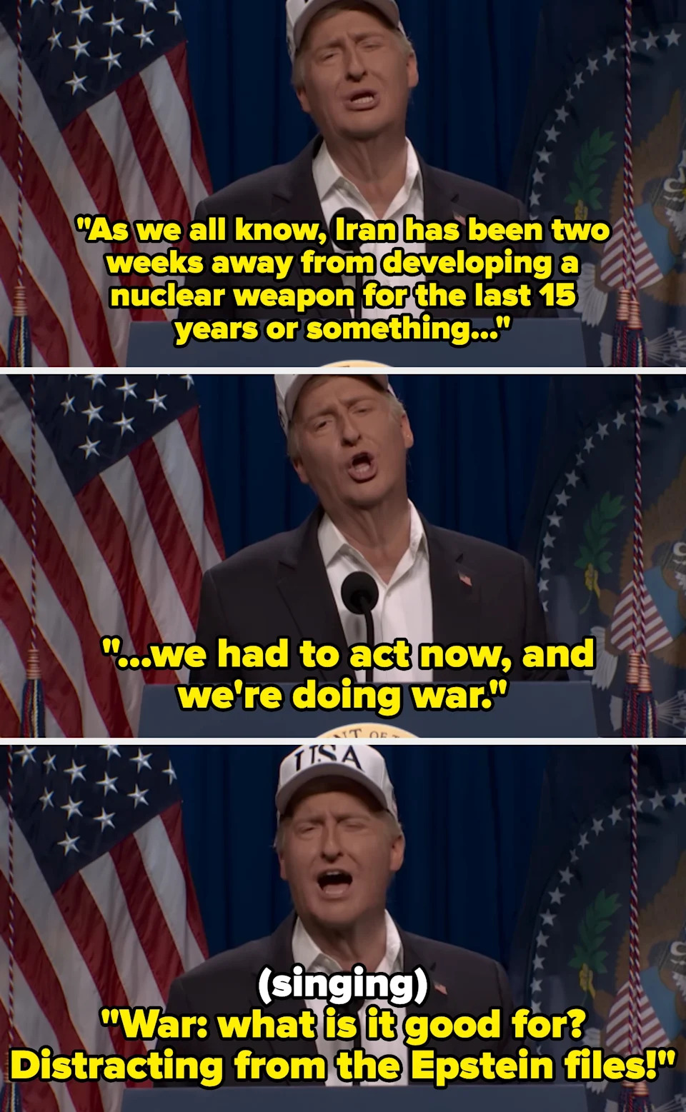A man in a suit and cap speaks at a podium with U.S. flags behind, mockingly discussing Iran's nuclear capabilities and the decision to go to war