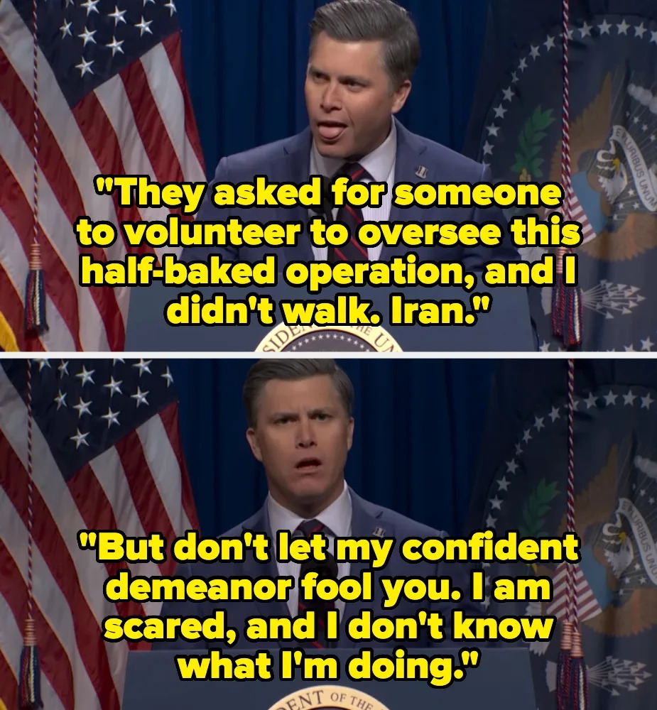 Split-screen image of a man at a podium; top text has a joke about overseeing an operation, bottom text reveals fear and insecurity