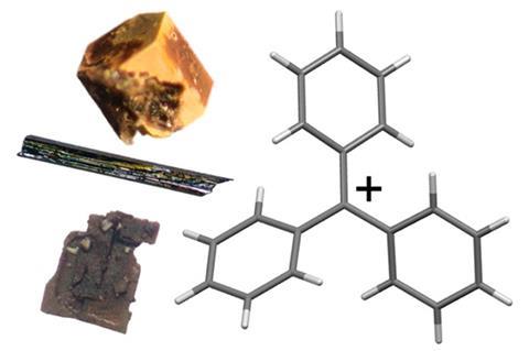 Three macro crystal structures with an organic molecule of three aromatic rings joined together at a positive charge.