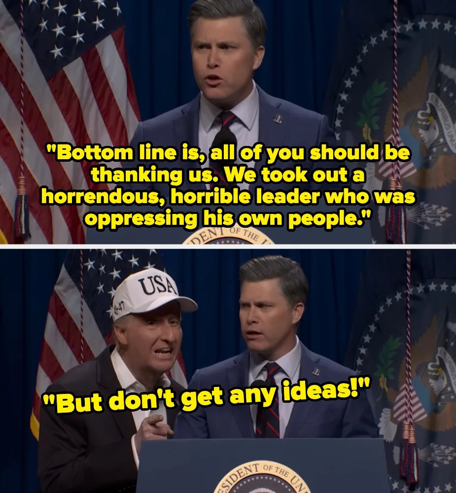 Two men dressed formally stand at a podium with USA logos, delivering a comedic speech