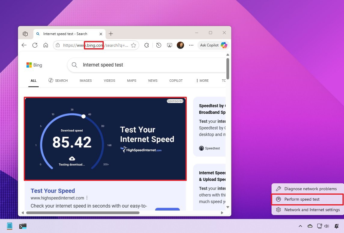 Speed test on Windows 11