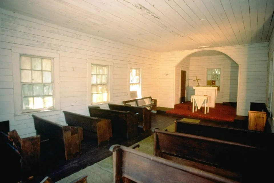 Inside of First African Baptist Church where John F. Kennedy Jr. & Carolyn Bessette held their secret wedding on Cumberland Island off coast of Georgia.Credit: Thomas S. England/Getty