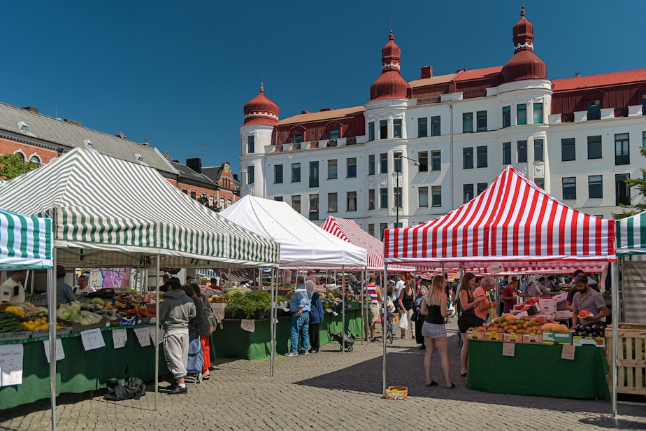 caption: A farmer's market in Malmö, Sweden.